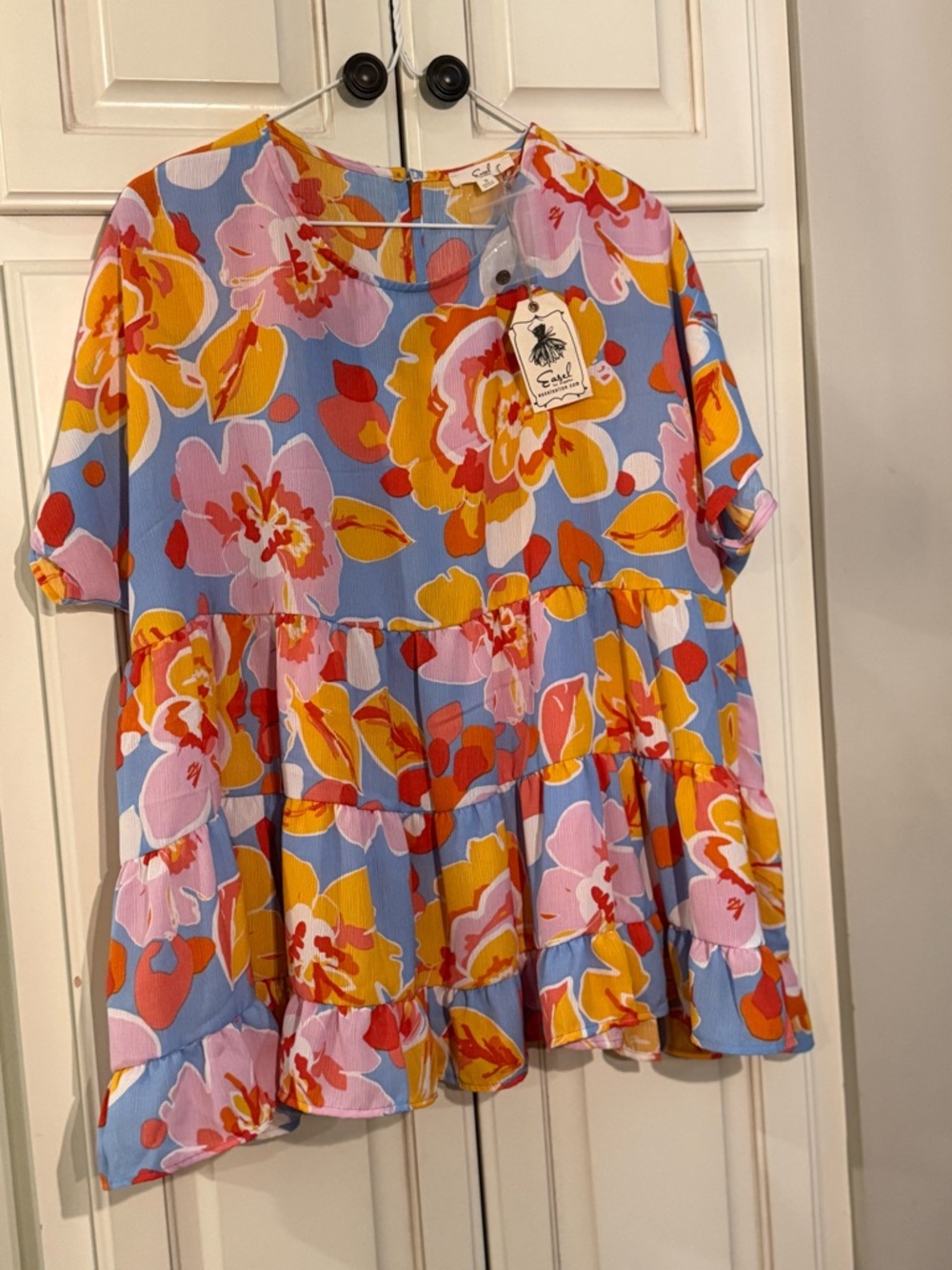 easel Blue Floral Tiered Babydoll Blouse with Pink & Yellow Flowers